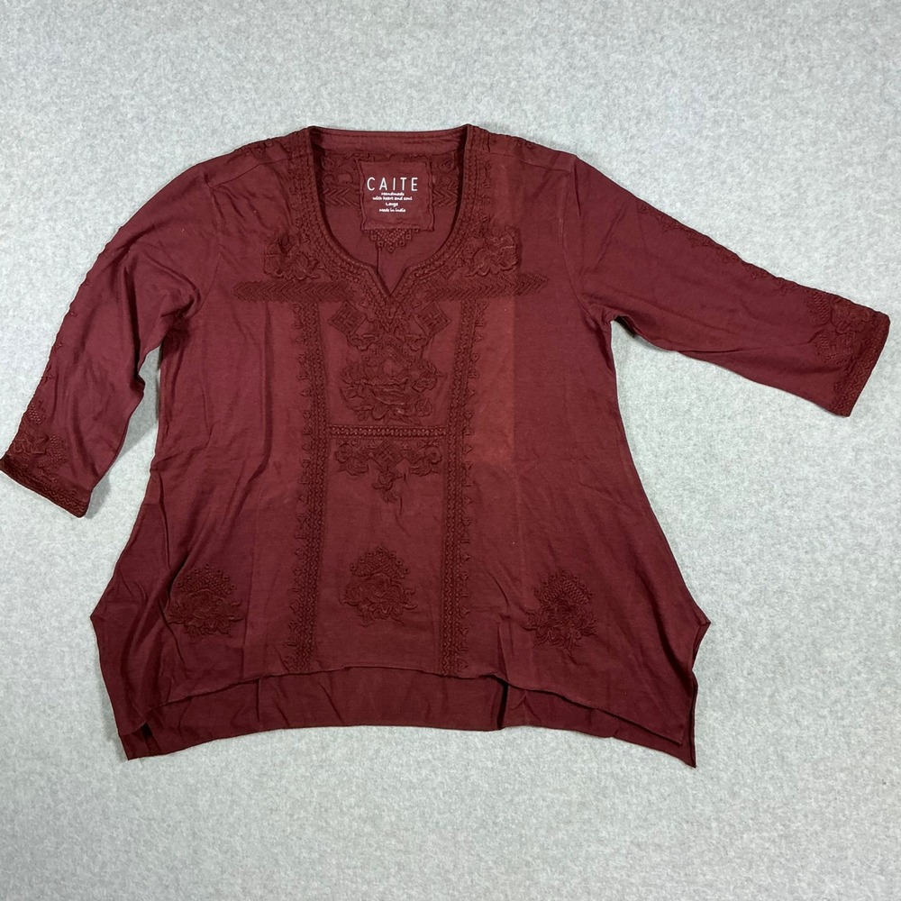 Caite Misha Embroidered Tunic Port Red Boho Sharkbite Hem CTSV101 Large New